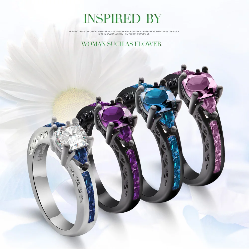 1 шт Новое модное винтажное женское кольцо с фиолетовыми кристаллами Черное золото заполненное цирконием Кристальные кольца Размер 6-10