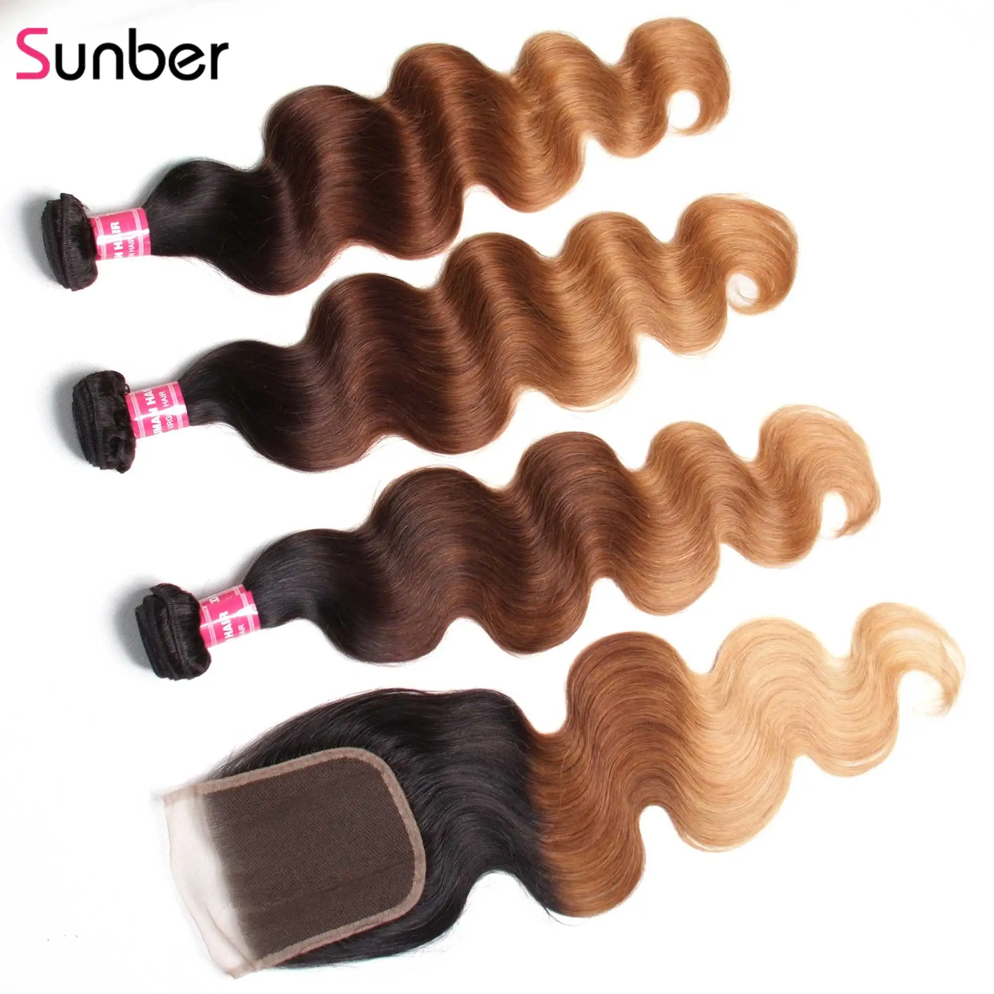 Sunber Hair 3/4 Ombre пряди с закрытием Remy человеческие волосы для наращивания 16-26 дюймов T1B/4/27 Pervuian пряди волос с закрытием