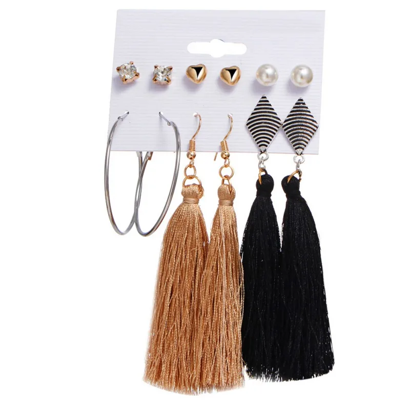 

New 6Pairs/lot Bohemia Long Tassel Earrings Set For Women Crystal Heart Earring Fabric Female Fashion 2018 Jewelry X4