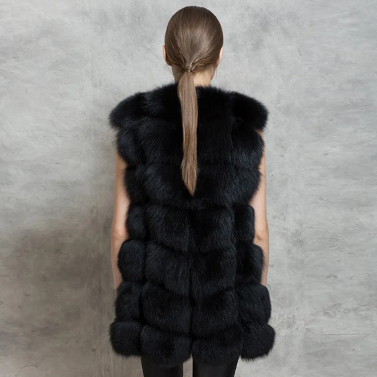 Nouveau Mince X Fourrure noir Renard longue Femmes 2018 Horizontale Blanc Cuir Pleine Bande De Survêtement Imitation Gilet d87qf