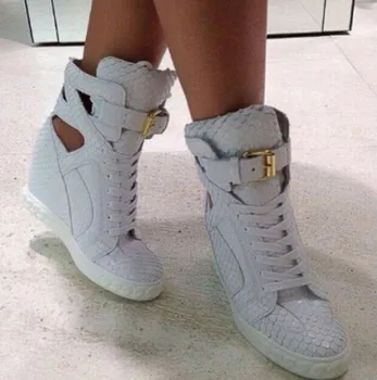 

Fashion White Python Leather Ladies Lace Up High Tops Ankle Buckle Women Sexy Wedge Sneakers Cut Out Style Casual Shoes Size 41