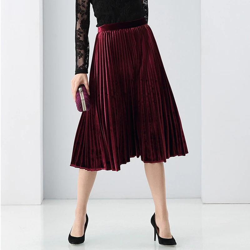 Velvet Pleated Skirt Women 95% Cotton Blended Fabric Elegant Style ...