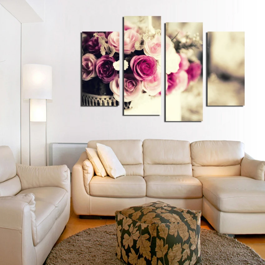 4 Piece Wall Art Modern Acrylic Flower Colorful roses Oil Painting On Canvas Paintings modular pictures Home Decor F18829 | Дом и сад