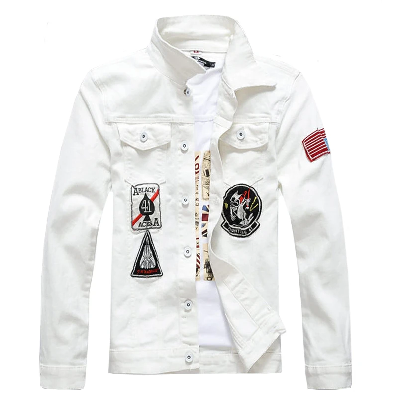 

White Denim Jacket Men Hip Hop Bomber Military Jeans Jacket Mens Slim Fit Appliques 2019 Spring Autumn Coat for Men J035