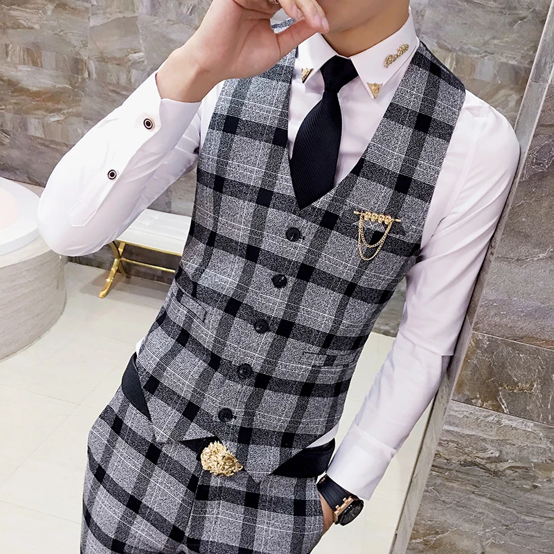 Fashion Mens Plaid Suits Slim Fit Men Blazer Jacket with Vests and Pants 2019 New Man Wedding Suits