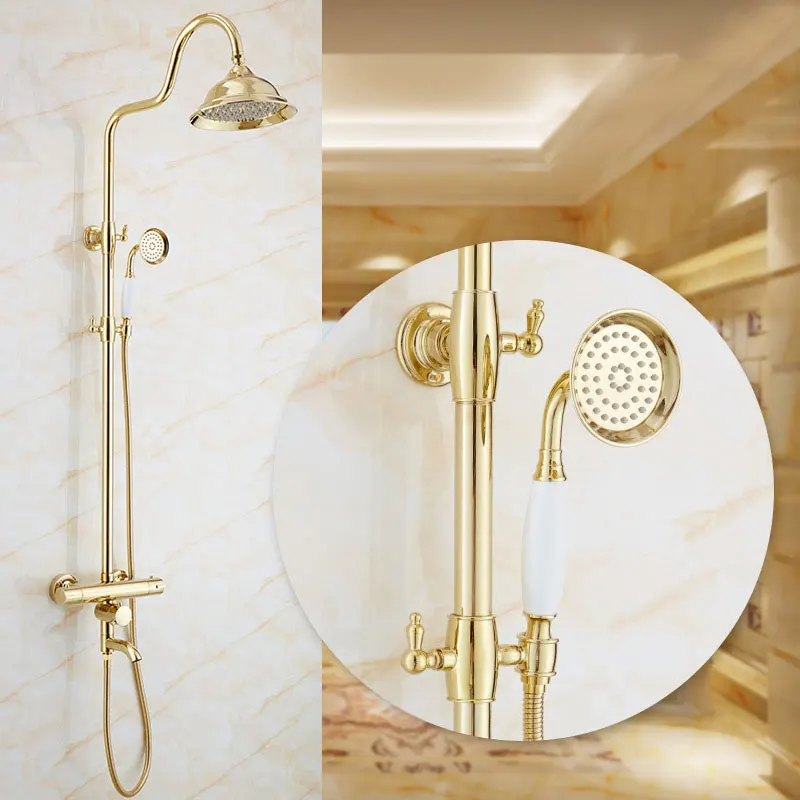 Полированное золото Ванная комната смеситель для душа с термостатом устанавливается в стену Смесители для ванных комнат с ручной душ ванной носик " осадков голова - Цвет: Белый