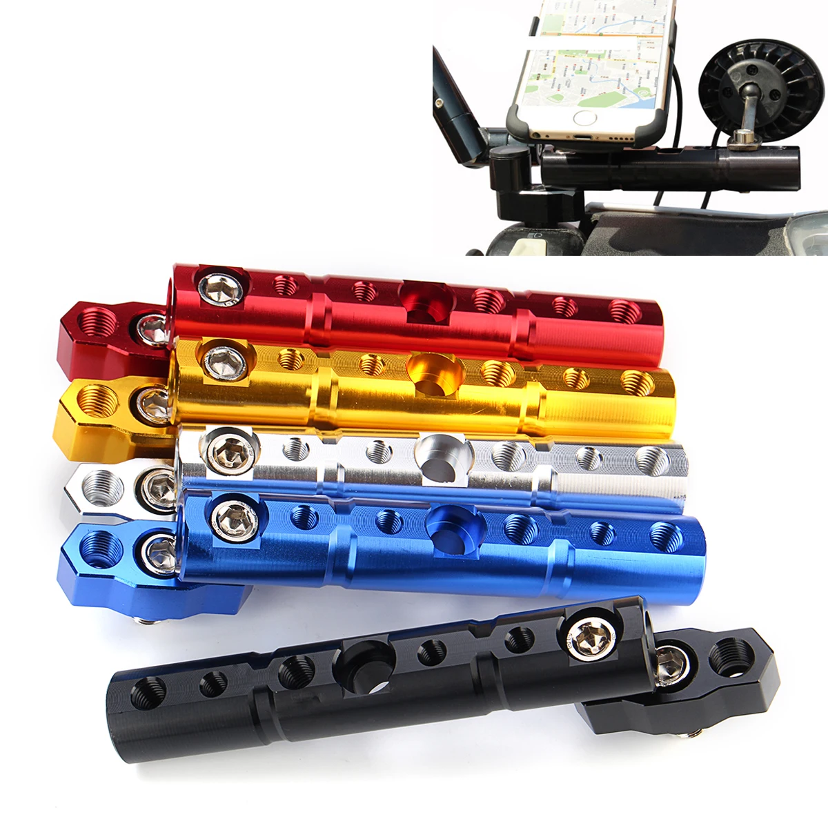 

Autoleader Universal Motorcycle CNC Phone GPS Clamp Holder Stand Rearview Mirror Extender Bracket Bar 8/10mm 5Color