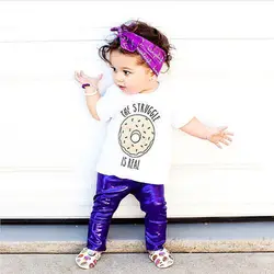 2018 Лидер продаж летний костюм для девочек комплект одежды для малыша с короткими рукавами + фиолетовый Искусственные кожаные леггинсы