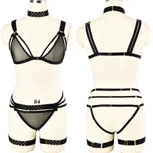 Готический шею Жгут+ перспектива сетки клетке бюстгальтер и подвязки+ перспектива сетки трусики стринги Связывание упряжь Бондаж Клетка