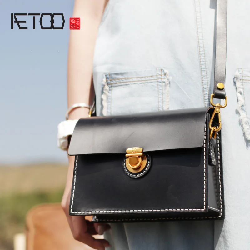 

BJYL Black first layer leather small square bag new retro art single shoulder diagonal package flip lock buckle handbag