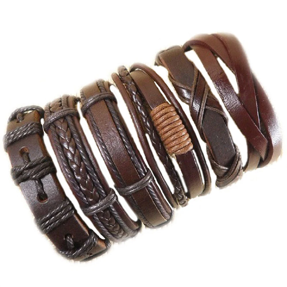 

6Pcs/lot Hand-woven Unisex Leather Bracelet Bangle Cuff Braided Ethnic Tribal Surfer Wrap Adjustable Rope Bracelet For Men Women