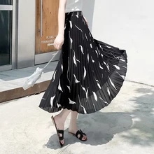 Миди длинная шифоновая юбка с принтом женская весна лето Модная элегантная трапециевидная Женская высокая талия Милая женская плиссированная юбка
