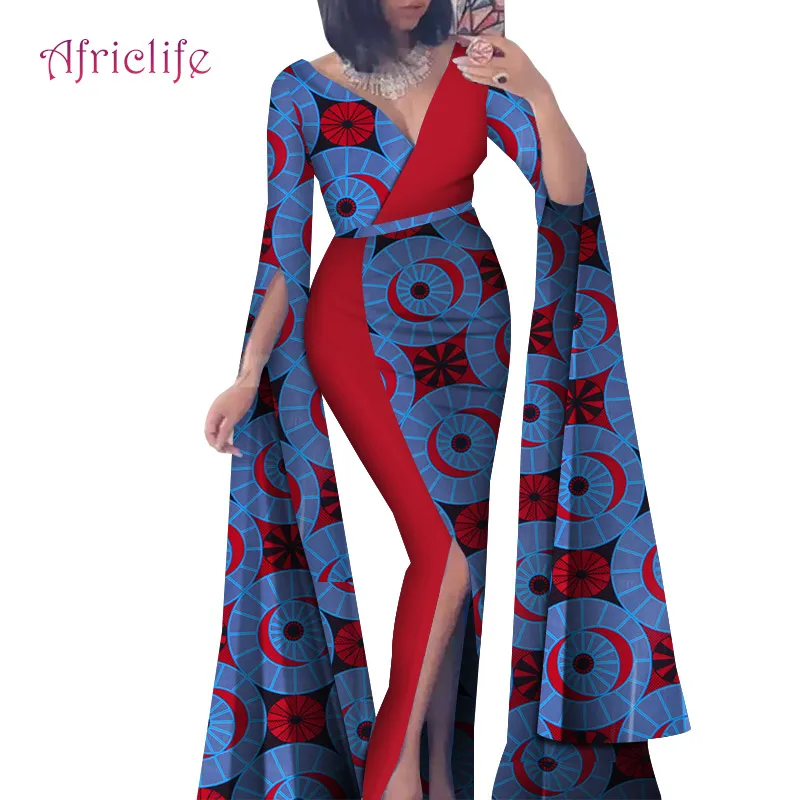 Сегодня предложение Африканский Базен ткань платье для бассейна Сексуальные Женщины Глубокий V дизайн лоскутное вилка Африканский принт платья юбка WY4636 - Цвет: 3