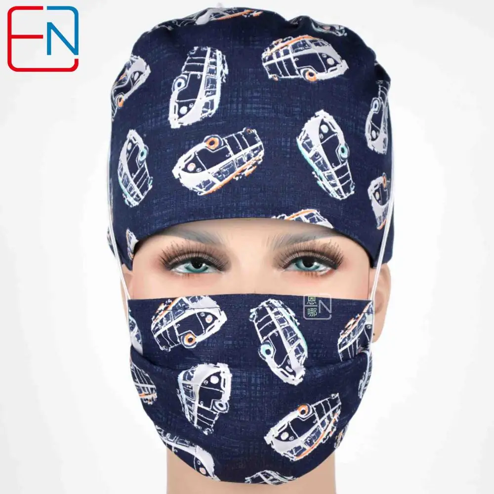 cap and mask Hennar Хирургические колпачки с регулируемой печатью, рабочие колпачки с масками, медицинские колпачки темно-синего цвета, хлопок, унисекс - Цвет: cap and mask