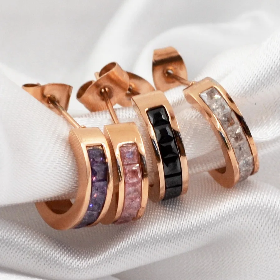 

Beautiful Square CZ Crystal Stud Earrings White Black Pink Purple Cubic Zircon Earing Studs Women Rose Gold Silver Color Earring