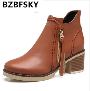 

BZBFSKY 2018 big size 34-43 round toe autumn winter ankle boots zipper fashion high heels shoes woman casual ladies boots