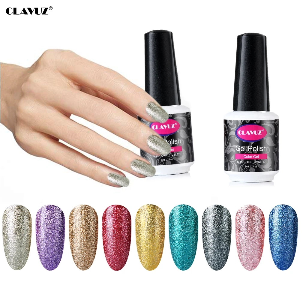 

CLAVUZ 8ml Super Glitter LED Lamp Nail Polish Soak Off LED Lamp Gel Polish Hybrid Varnish Semi Permanent Stamping Enamel