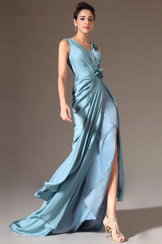 New-Arrivals-New-V-Neck-High-Slit-A-Line-Ruched-Bodice-Evening-Gown (1)
