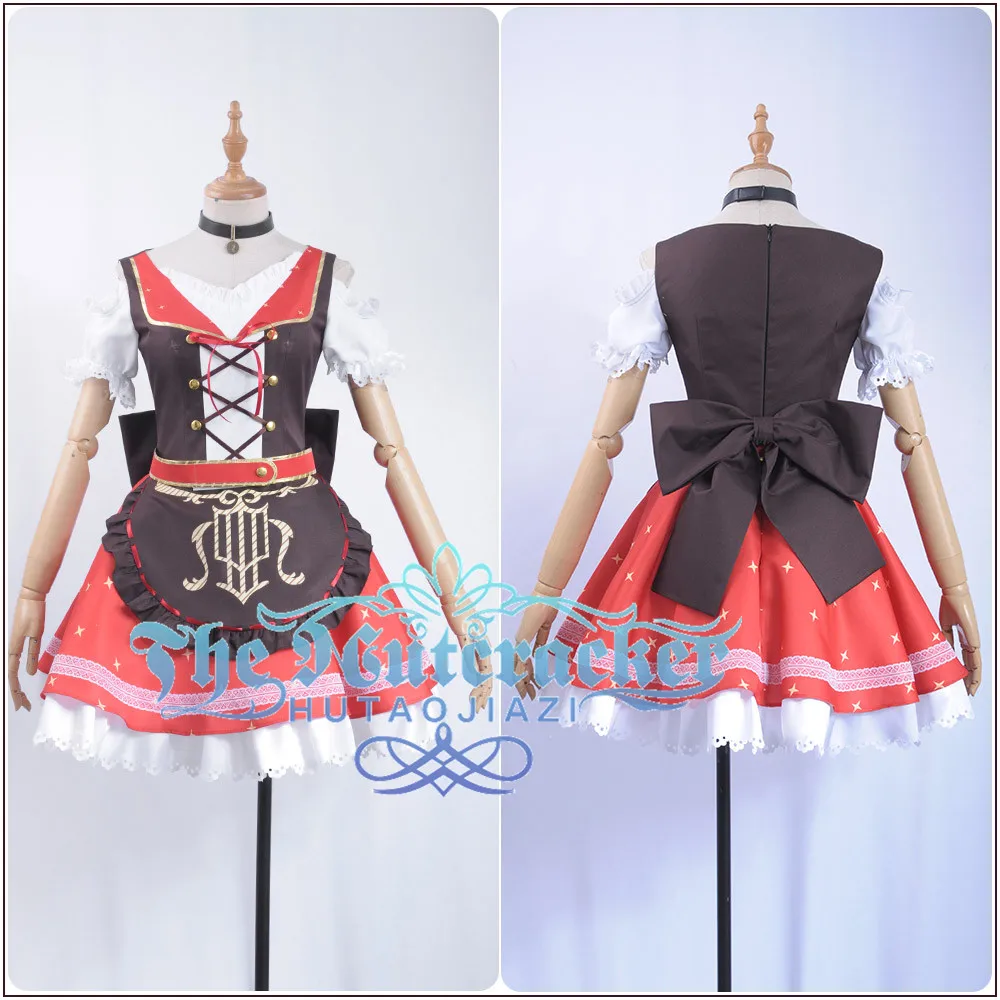 x_07Game LoveLive!Sunshine!! Aqours Bremen Band Kurosawa Dia Cosplay Costume Women Short Sleeve Dress Apron Red Skirt Socks Hairpin (2)