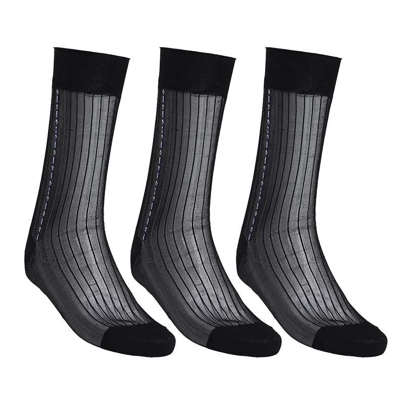 3 пары, черные мужские повседневные летние полосатые жаккардовые Прозрачные шелковые носки, дышащие полосатые жаккардовые носки с узором