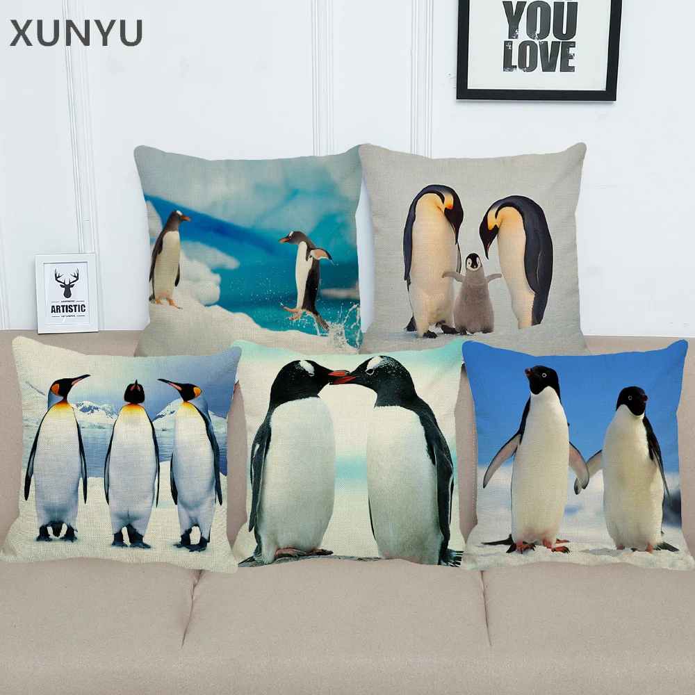 

XUNYU Linen Pillowcase Sofa Decorative Pillow Cover Cute Penguin Pattern Square Cushion Cover 45X45cm BZ235