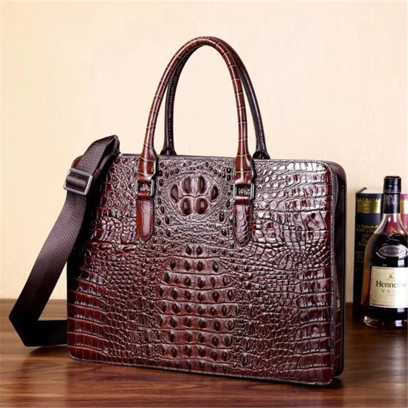 Кожаный портфель Kaisiludi с крокодиловым принтом, мужская и женская сумка, деловая двойная сумка для компьютера, сумка на одно плечо - Цвет: W39H30D7CM