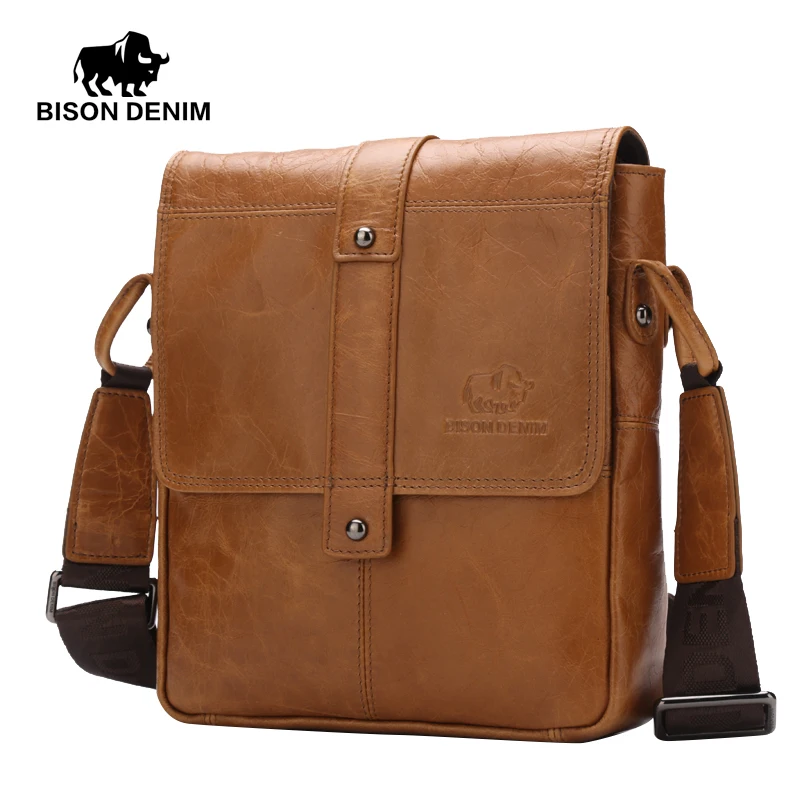 BISON DENIM Mens Genuine Leather Guarantee Crossbody bag Vintage casual Shoulder Bag Business Flip buckle travel bag W2447