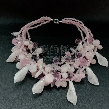

N082913 5Strands Rose Pink Crystal Flower Necklace
