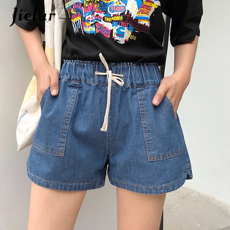 Jielur Hipster Korean Style Shorts for Women Lace up Blue Jeans Summer