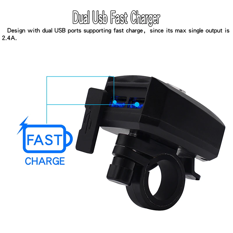 

2.4A Motorcycle Handlebar Charger Socket kit Switch Mounts ABS Black Battery Cars 10-80V Accessories Waterproof