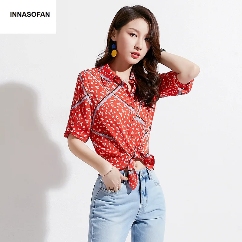 

INNASOFAN Chiffon Shirt women Spring-summer blouse Euro-American fashion shirt with turn-down collar and three-quarter sleeves