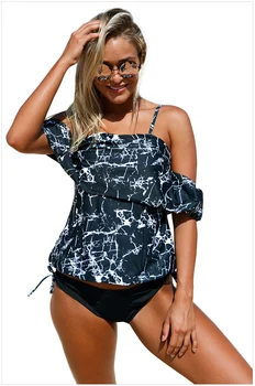 

Off The Shoulder Swimsuit - Women Tankini Set Black Crack Printing Two Piece Bathing Suit Summer Beach Swimwear