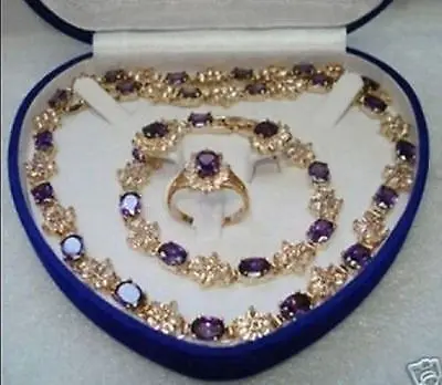

18K GP Amethyst Earring Bracelet Necklace Ring Set AAA 18K GP Plated gold Bridal wide watch wings queen JEWE