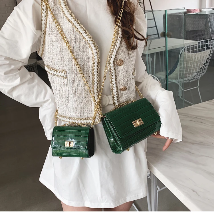 

Fashion patent leather small square bag Personalized stone chain shoulder bag 2019 new mini crossbody bag