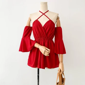 

Holiday Jumpsuit V Collar Cross Half Flare Sleeve Slim Waist Summer Solid Color Women Sexy Playsuits F168