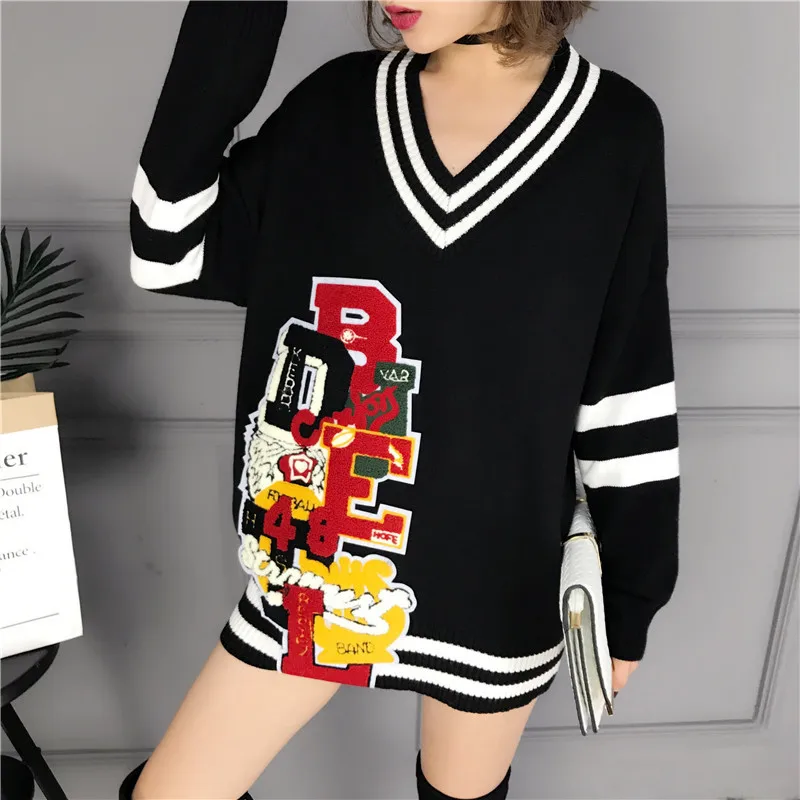 Qiu han edition installs a new cartoon characters embroidered patch show thin coat sweater v-neck loose women | Женская одежда