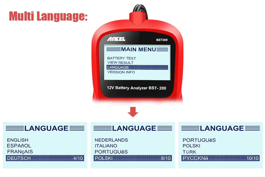 ANCEL BST200 тестер аккумуляторной батареи автомобиля многоязычный 12 В 1100CCA аккумуляторная система обнаружения автомобильной аккумуляторной батареи диагностический инструмент