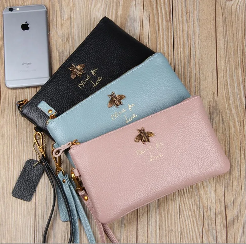

Fashion bees long Purse genuine Leather wallet female brand card holders cellphone pocket gifts for women money bag clutch