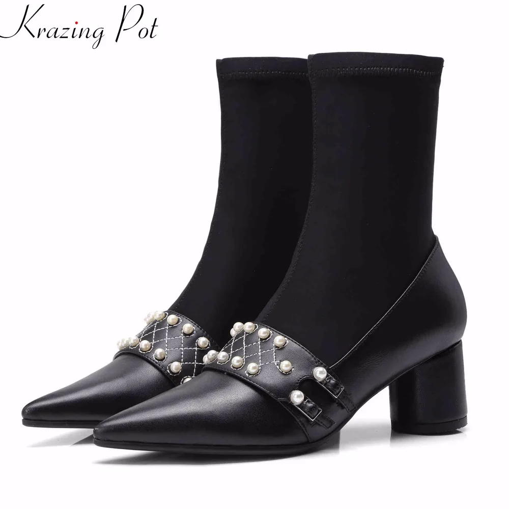 

Krazing Pot genuine leather rivets pearl-studded fashion stretch boots superstar black color beauty European mid-calf boots L01