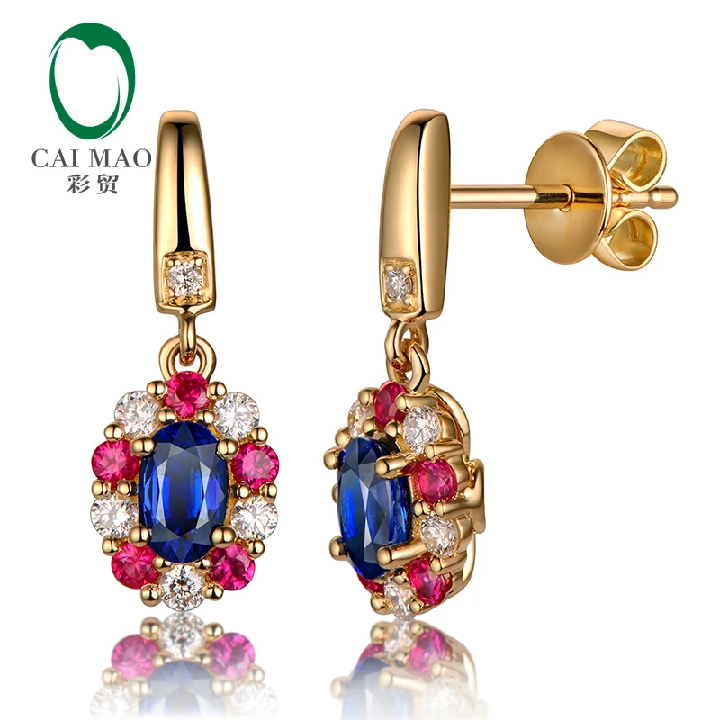 Caimao 0.69ct Blue Sapphire Earrings with Round Diamond Ruby 14k Yellow Gold Exquisite Dangle