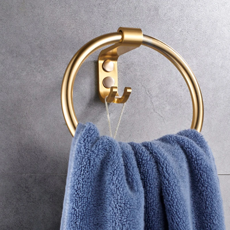 رف تخزين معادن للحمام منشفة دائرية حامل حلقة بار مع هوك الملابس المنظم جدار جبل نحى الذهب رفوف