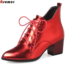 ASUMER/ горячая распродажа; Новое поступление; женские ботинки на шнуровке с острым носком; Зимние ботильоны на квадратном каблуке; цвет красный, черный, серый
