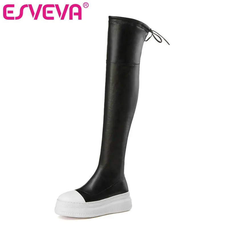 

ESVEVA 2020 Over The Knee Boots Winter Women Boots Wedge High Heel Elastic PU leather/Flock Motorcycle Boots Platform Size 34-39