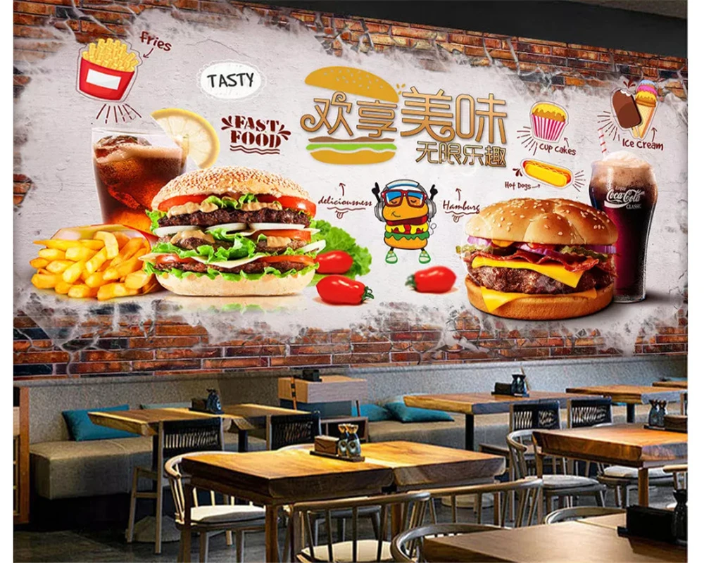 beibehang Classic fashion wall paper hand painted brick delicious burger fast food restaurant tooling background 3d wallpaper