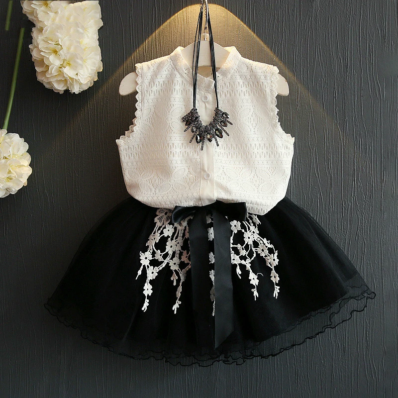 

Kids baby Girls Clothing Sets New Summer Fashion Style Cartoon Kitten Printed T-Shirts+Net Veil Dress 2Pcs Girls Clothes 40