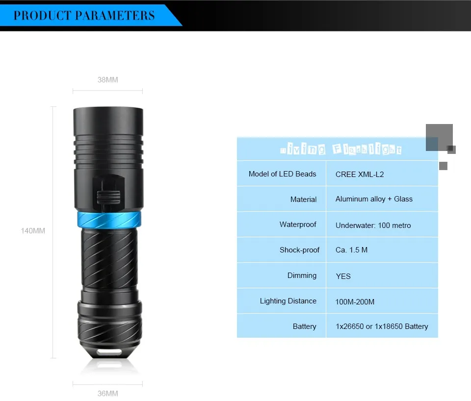 Водонепроницаемый IP68 4000LM светодиодный подводный 100 м XML L2/T6 светодиодный фонарик Дайвинг факел лампы для наружного Camping водолазное