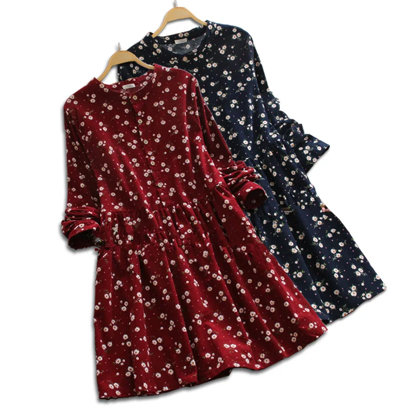 

Spring autumn New Women Corduroy Vintage Dress A-line Style Women Front button Full Sleeve Flower Print Dresses Slim Feminino