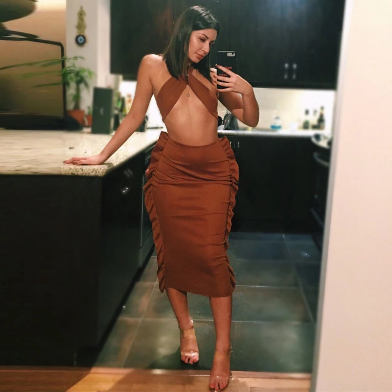 

XLLAIS Cotton Material Snug Ruffles Two Piece Set Women Bandage Tank Tops Slim Elegant Skirts Matching Sets Night Club Outfits