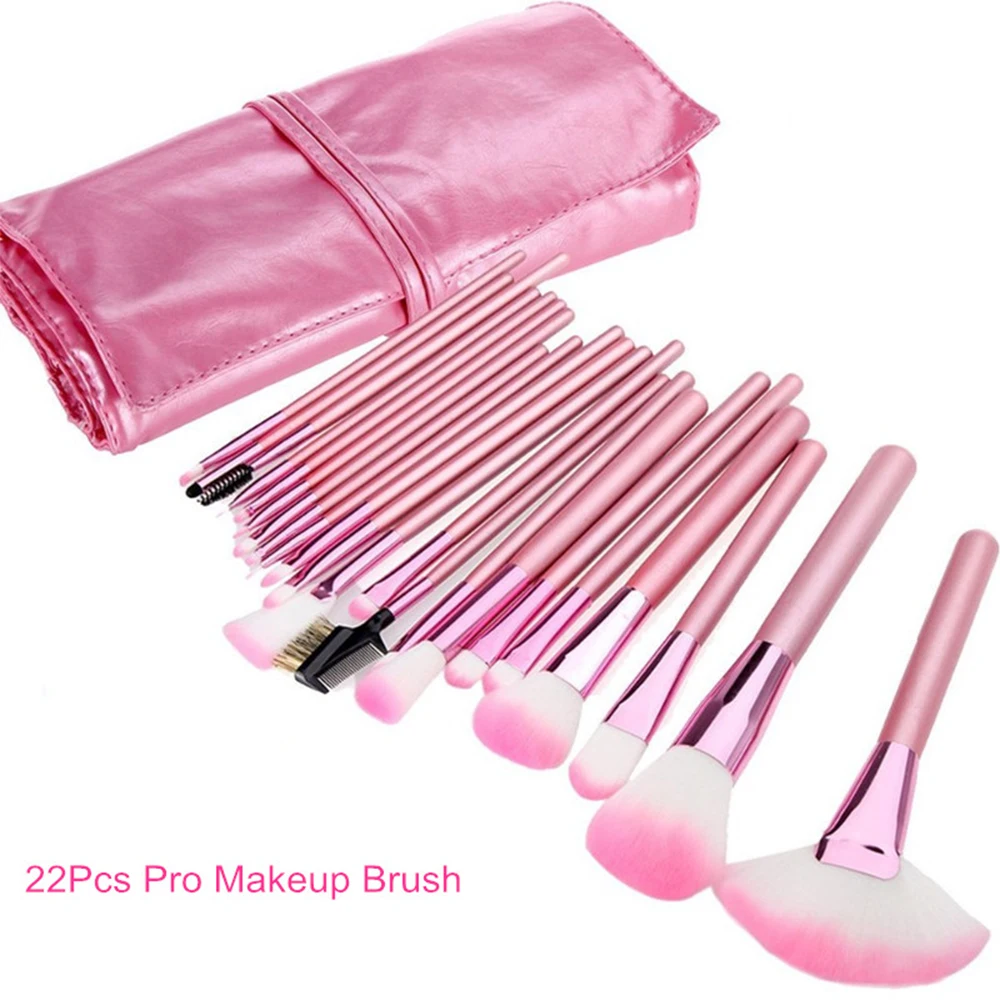 

22pcs Pink Handle Pro Soft Cosmetic Makeup Brush Set Fan Brush Powder Concealer Cosmetics With PU Cosmetic Bag Free shipping
