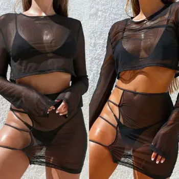 

Fashion Women's Sexy Summer Sheer Mesh Sets Long Sleeve O-neck Loose See-through Short T-shirt and High-waist Hollow Dress S-XL